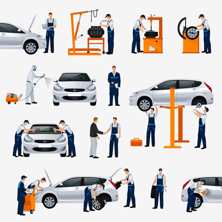 Vector  icons car repair service, different workers in the process of repairing the car, tire service, diagnostics, vehicle painting, window replacement spare parts.  illustration