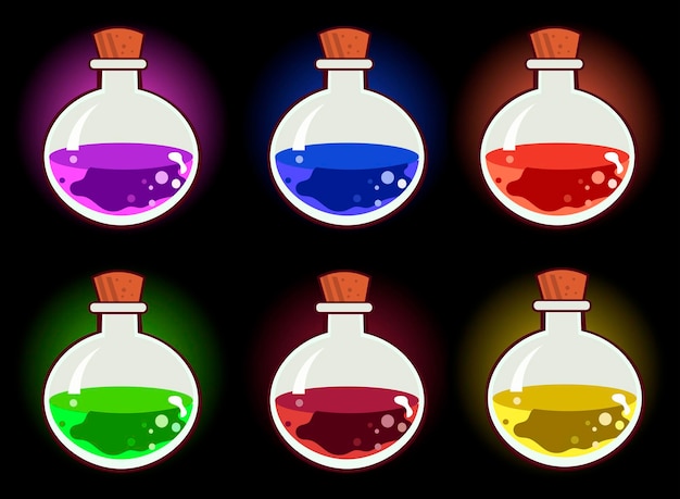 게임에 대한 아이콘 Hp Potions MP Mana Poison Bottle 및 다양한 Potions 아이콘 일러스트레이션