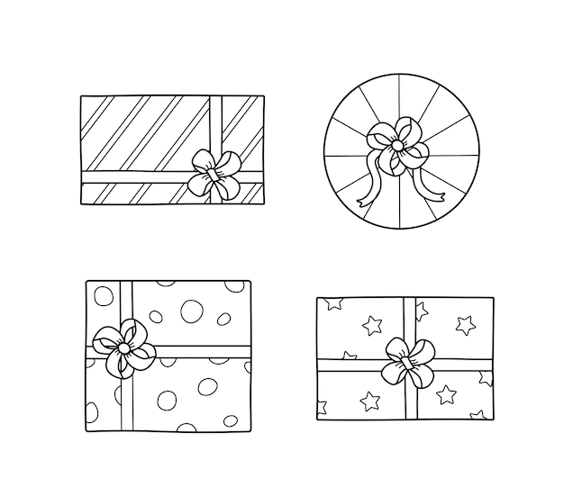 Icone di regali con fiocchi vector doodle elementi carta da imballaggio una serie di scatole regalo avvolgere per la vacanza isolare su uno sfondo bianco illustrazione