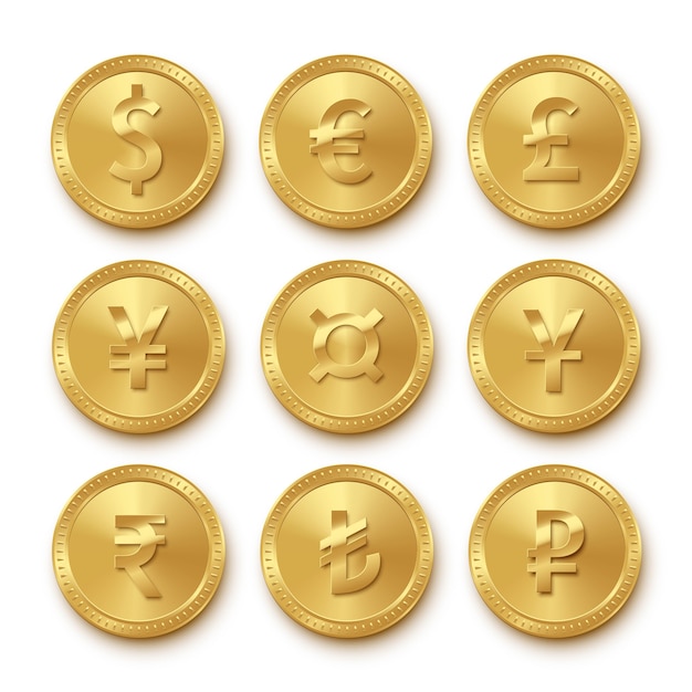 Vector icons of gold coins with different currencies set, collection symbols of dollar, euro, pound sterling, yen, yuan, rupee, turkish lira, ruble, realistic money signs isolated