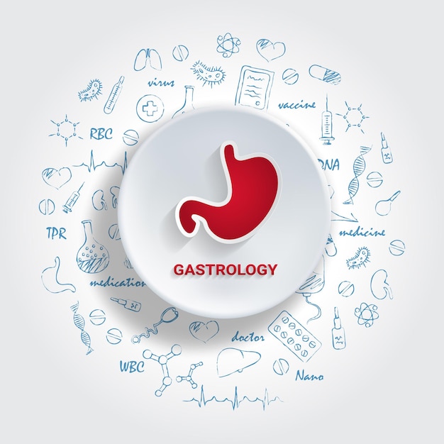 Icons for medical specialties gastrology concept vector illustration with hand drawn medicine doodle