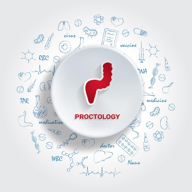 Иконы для медицинских специальностей Проктология Концептуальная векторная иллюстрация с нарисованной вручную каракули