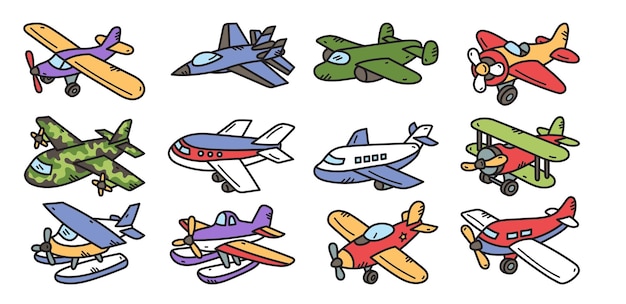 Vector icons of military and civil aircraft are designed with vectors