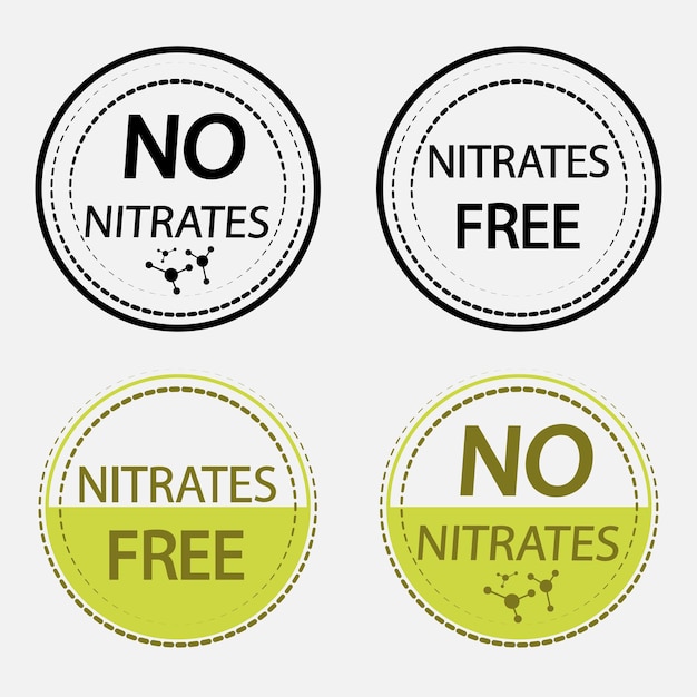 Icons nitrates free. stamp. set of organic, natural signs for different product or food without nitrates. collection of certified stamps in black and green color isolated on white phone
