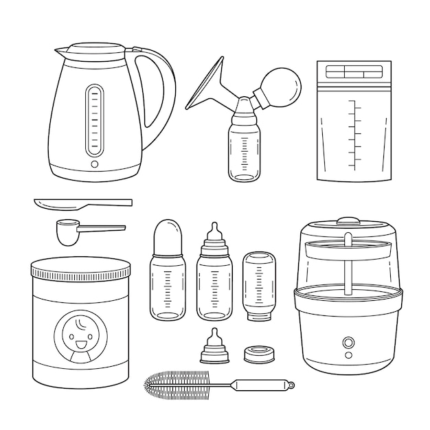 Icons Set Of Equipment For Feeding Baby, Outline