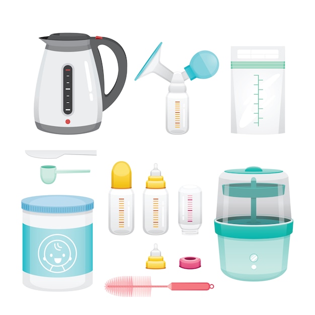 Icons Set Of Equipment For Feeding Baby