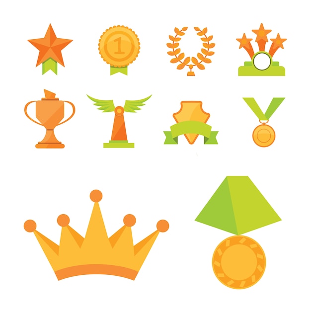 Vector icons set of golden sport award cups in modern flat style