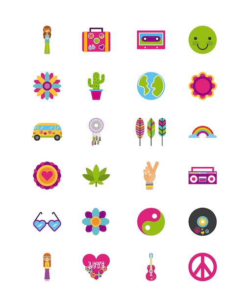 Icons set hippie scenery cartoon