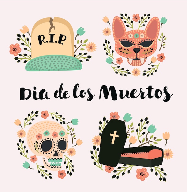 Набор иконок день мертвых, традиционный праздник в мексике