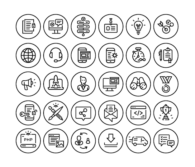 Icons on the subject of computer technology communication and marketing