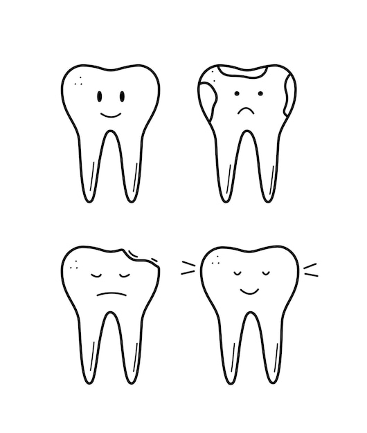 Icons of teeth with doodle emotions Concept of healthy teeth and and sick teeth Vector illustration of dental care
