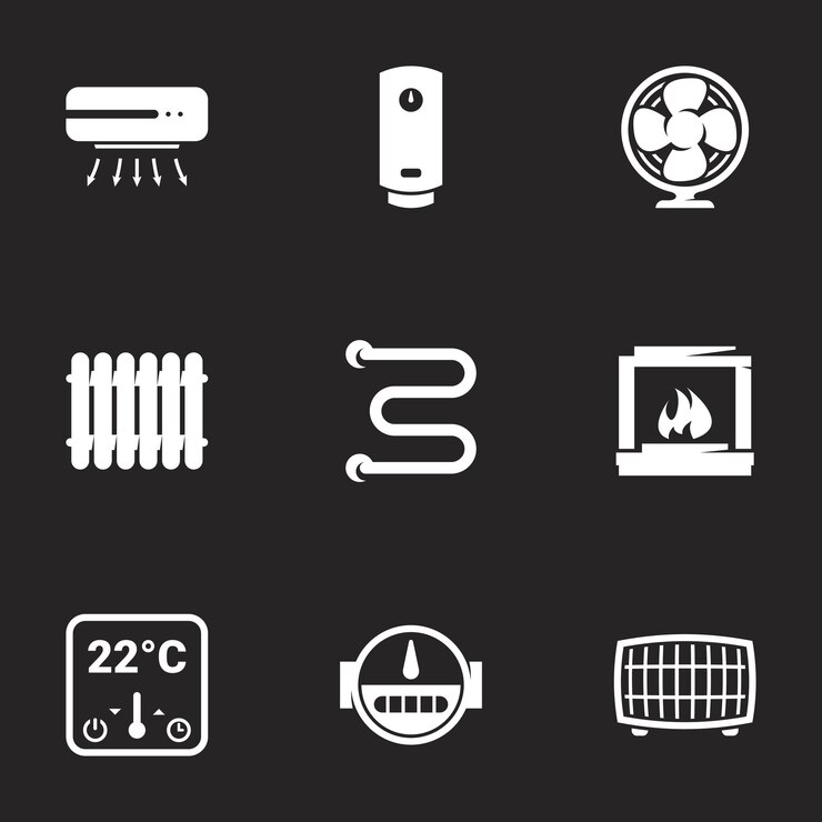 Vector icons for theme household appliances cooling heating black background