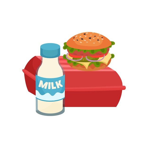 Icoon van smakelijke sandwich op gesloten rode container en fles verse melk Eten en drinken voor schoollunch Cartoon vector design Kleurrijke illustratie in vlakke stijl geïsoleerd op witte achtergrond