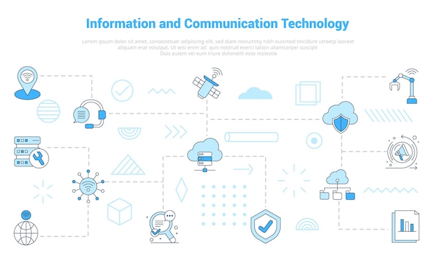 Vector ict-informatie- en communicatietechnologieconcept met pictogrammenset sjabloonbanner met moderne blauwe kleurstijl