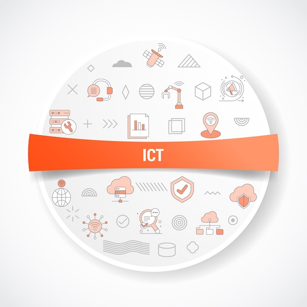 Concetto di tecnologia dell'informazione e delle comunicazioni con icona a forma rotonda o circolare per il distintivo