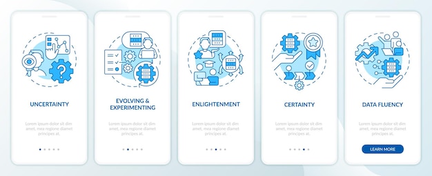 Livelli di alfabetizzazione tic schermata dell'app mobile onboarding blu