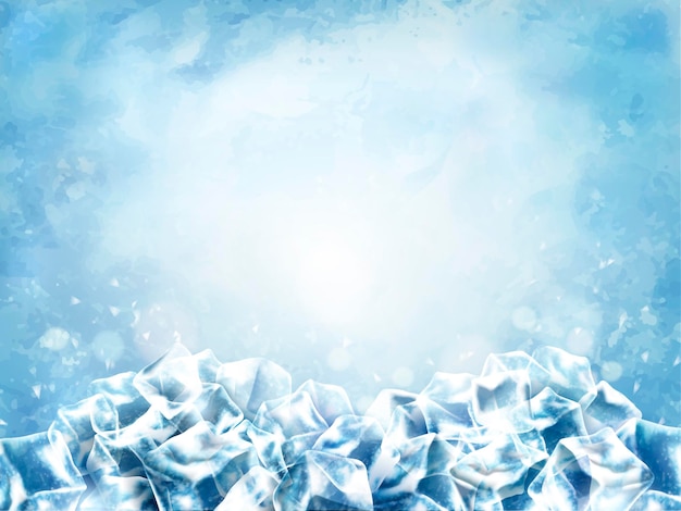 Vector icy cube surface, abstract cubes and snow in light blue background, 3d illustration