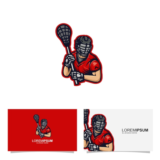 Mascotte del concetto di carta d'identità un bastone da lacrosse sport atletico rosso