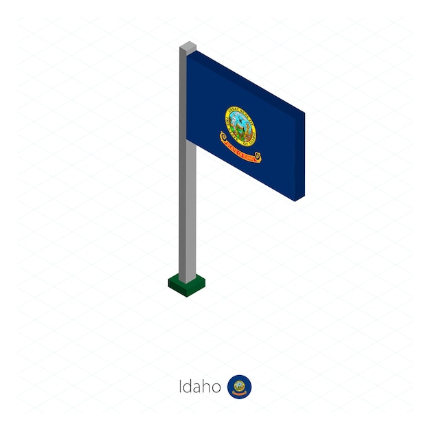 Idaho US state flag on flagpole in isometric dimension Isometric blue background Vector illustration