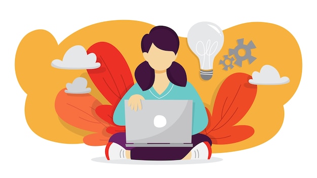 Concetto di idea. mente creativa e brainstorming. pensare all'innovazione e trovare una soluzione. lampadina come metafora. la donna lavora al laptop e fa invenzioni. illustrazione