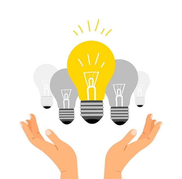 Idea concept. hands and lights bulb, find solution or answer. creativity, education, study vector metaphor