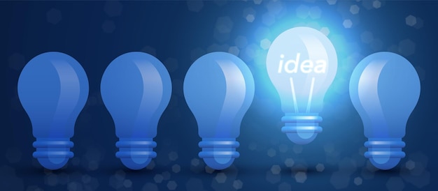 Idea concept illustration with row of light bulbs and one odd glowing and elevating light bulb