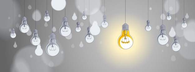 idea concept, think different, light bulbs group vector illustration with single one is shining, creative inspiration, be special, leadership.