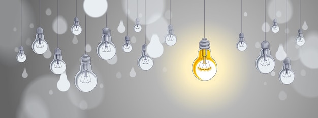 Il concetto di idea, pensa in modo diverso, l'illustrazione vettoriale del gruppo di lampadine con una sola splende, l'ispirazione creativa, sii speciale, la leadership.