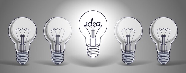 Il concetto di idea, pensa in modo diverso, l'illustrazione vettoriale del gruppo di lampadine con una sola splende, l'ispirazione creativa, sii speciale, la leadership.