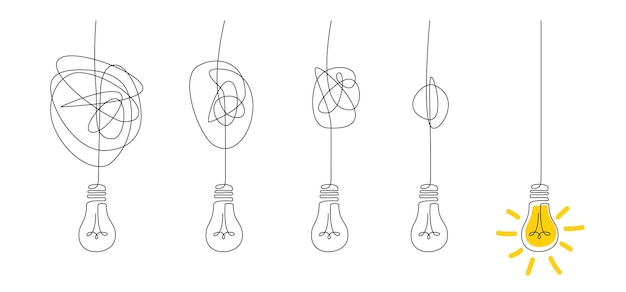 Idea concept with one line bulbs innovation ideas creative idea banner with lamps process of untangling wire to supply electricity to lightbulb sign of creativity vector illustration template