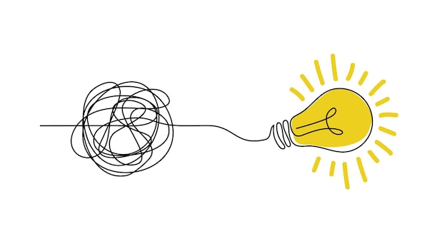 Idea doodle concept. Confuse to simplicity concept with messy hand drawn lines and light bulb. Vector clarity and thought process illustration for tangled way solution