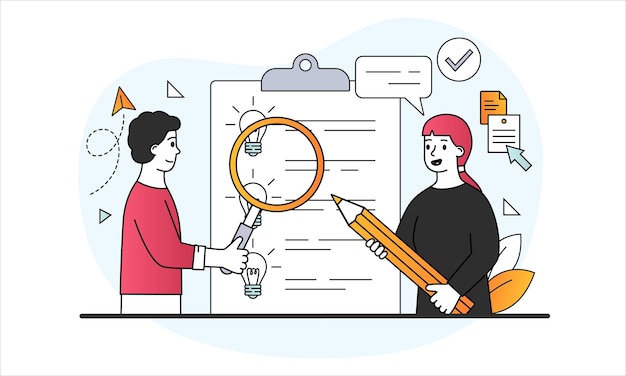 idea generation and business development concept man and woman find ideas and highlight best of them