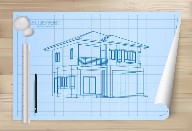 Vettore idea di casa su sfondo di carta cianografia. carta da disegno architettonica su fondo di legno di struttura. illustrazione vettoriale.