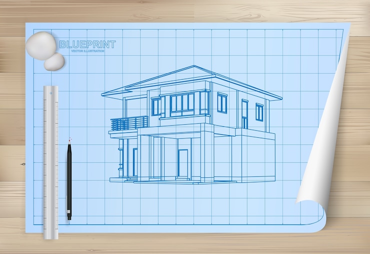 Vector idea of house on blueprint paper background