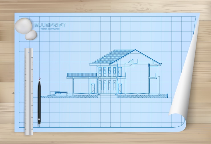 Vector idea of house on blueprint paper background
