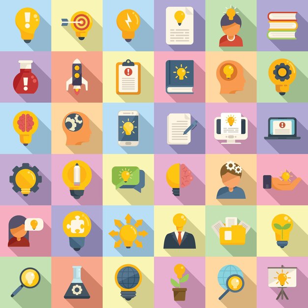 Idea icons set flat vector. light bulb. business solution