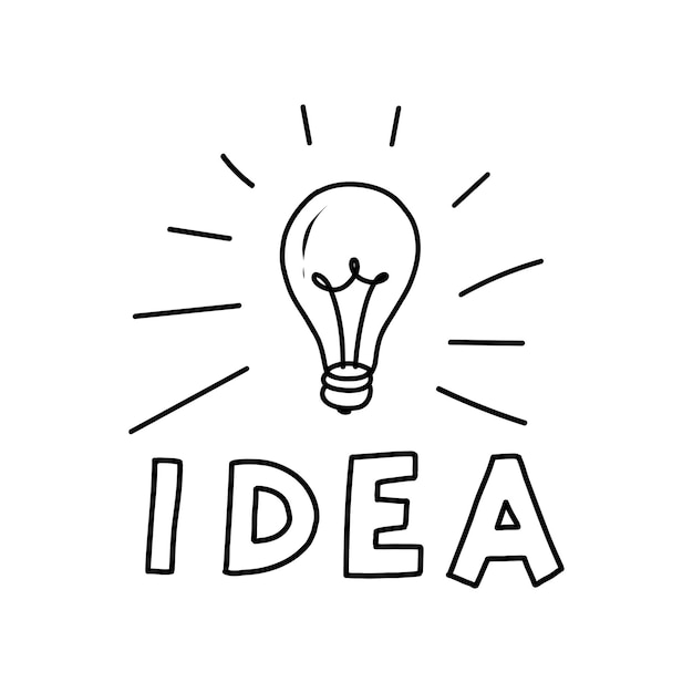 L'idea è un'illustrazione disegnata a mano di una lampadina e di una scritta. illustrazione di affari nel doodle