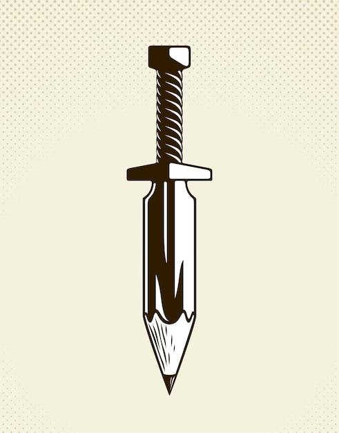 アイデアは武器の概念であり、ブレード、創造力、ベクトルのロゴまたはアイコンの代わりに鉛筆で剣として示されるデザイナーまたはアーティストの寓話の武器です。