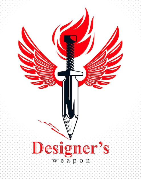 Idea is a weapon concept, weapon of a designer or artist allegory shown as winged sword with pencil instead of blade, creative power, vector logo or icon.