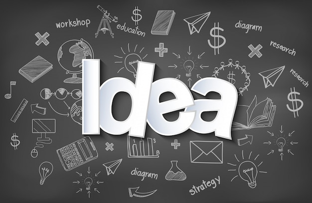 Idea lettering. creativity. drawings on blackboard background.  Vector illustration