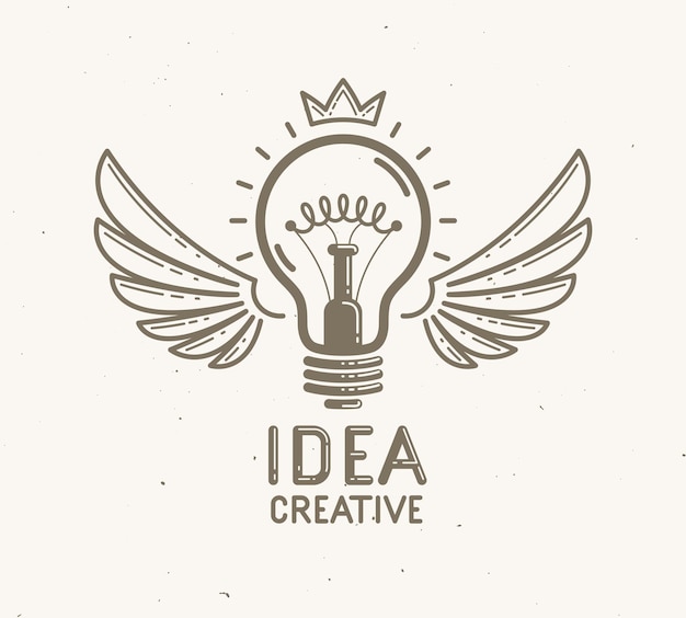 Idea light bulb with wings launching like a rocket vector linear logo or icon, creative idea startup, science invention or research lightbulb, new business start.