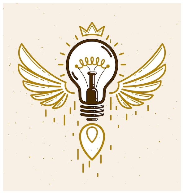 Idea light bulb with wings launching like a rocket vector linear logo or icon, creative idea startup, science invention or research lightbulb, new business start.