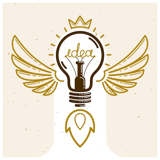 Vettore lampadina idea con ali che si lanciano come un logo o un'icona lineare vettore razzo, avvio di idee creative, invenzione scientifica o lampadina di ricerca, inizio di una nuova attività.