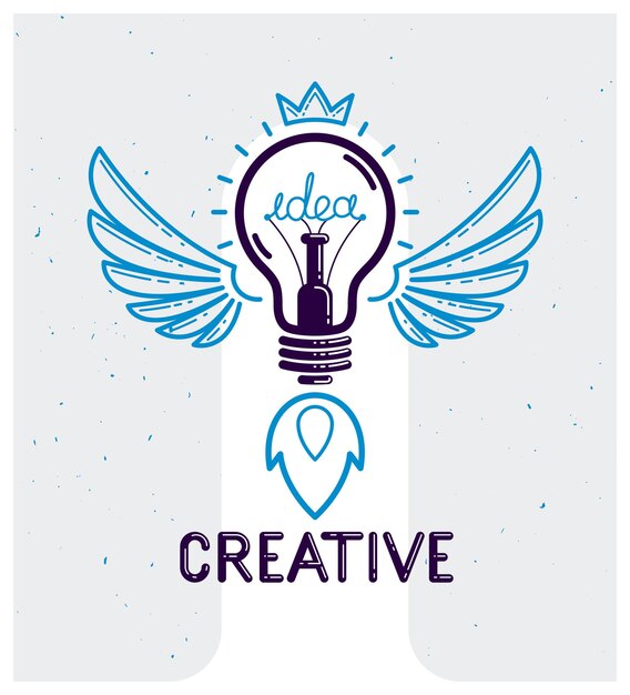 Idea light bulb with wings launching like a rocket vector linear logo or icon, creative idea startup, science invention or research lightbulb, new business start.