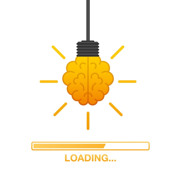 Idea loading concept with idea brain processed on a lightbulb bar. Vector stock illustration.