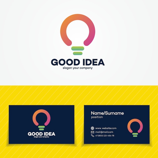 Idea logo set with light bulb and business cards for smart solution, creative studio, programming specialist, programmer, web developer, coder, software firm etc. Vector Illustration