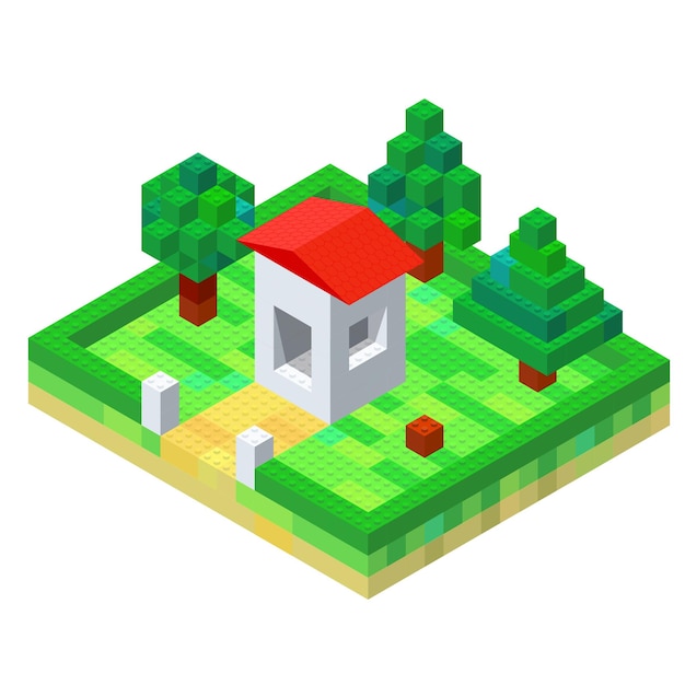 The idea of a private house with a yard in isometric style assembled from multicolored cubes for print and design Vector illustration