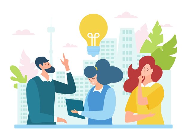 Vector idea teamwork brainstorming at meeting concept vector illustration business people character work at