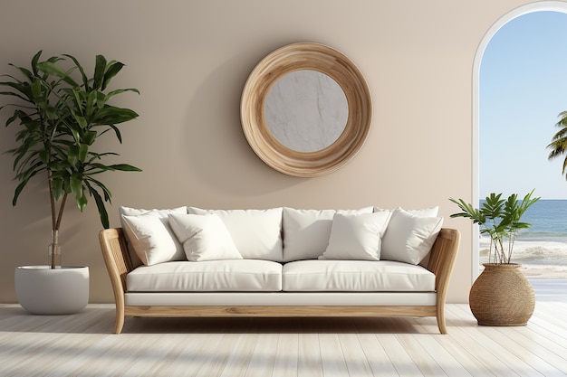 Idea of white minimalist room with sofa Scandinavian interior design 3D illustration