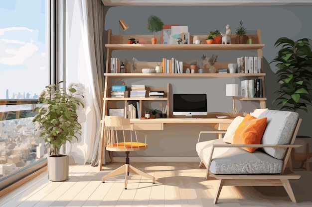 Vettore idea di stanza bianca con divano e paesaggio estivo in finestra design d'interno scandinavo